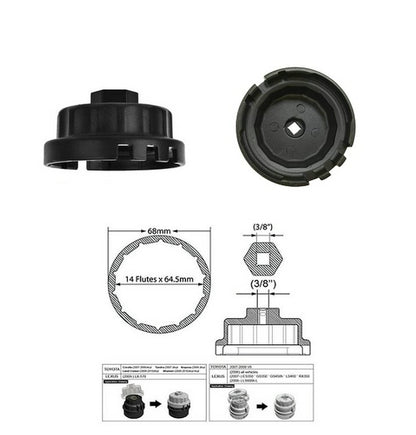 Solid Spare Oil Filter Cap Wrench 64mm 14 Flute for Toyota Lexus Scion 2.5L to 5.7L (Black)