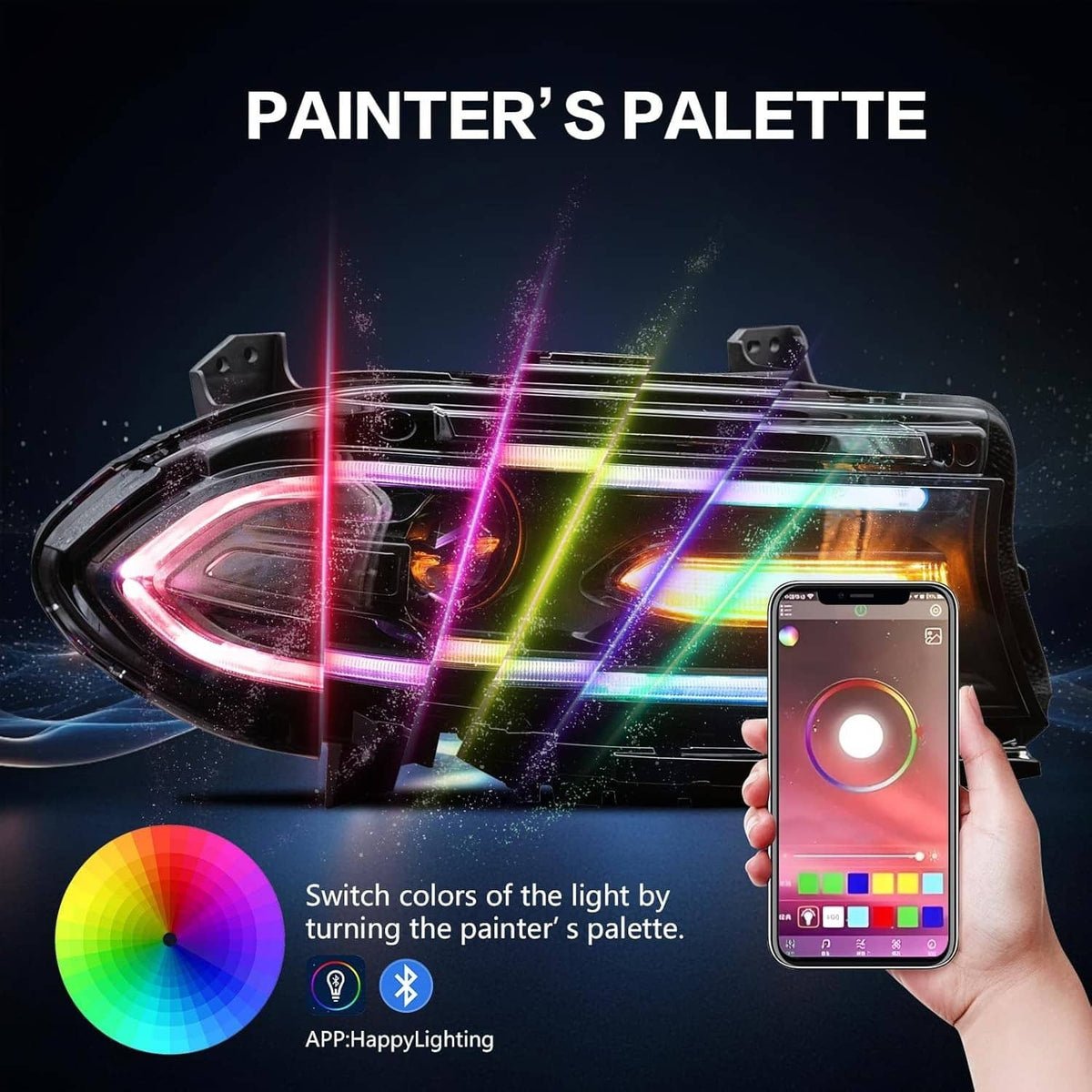 Solidspare Pair For 2015-2021 Dodge Charger LED Projector Headlights RGB Color Change Lamps