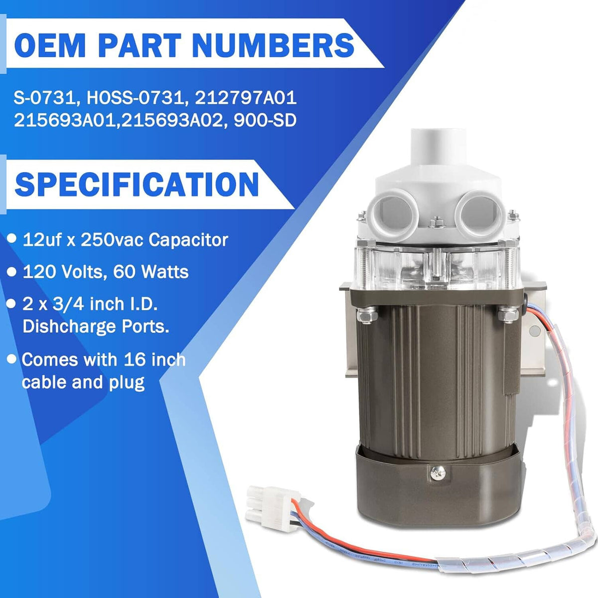 Solid Spare S-0731 Ice Machine Motor for Hoshizaki 900-SD,KM-1300M,KM-1600M Series 120V 60W