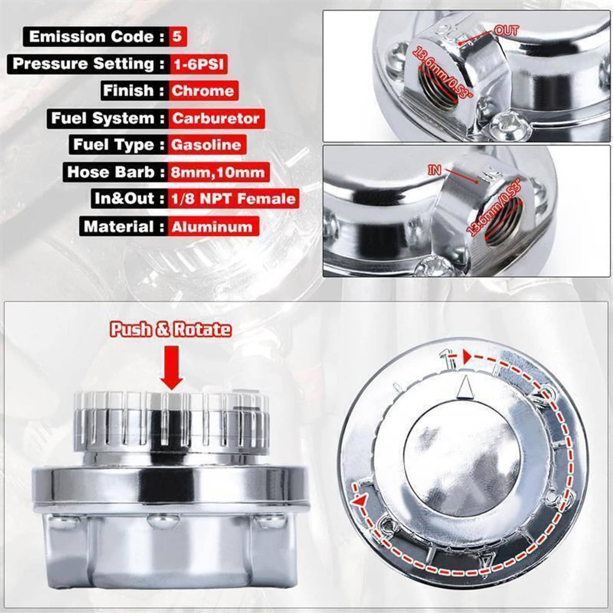 Solidspare Universal 1-6 PSI Adjustable Fuel Pressure Regulator Kit For Carburetor Engine