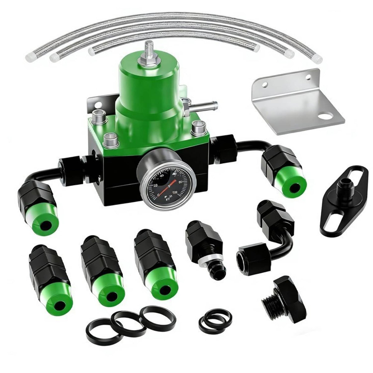 Solidspare New Adjustable Fuel Pressure Regulator Kit Oil 0-100psi Gauge -6AN Black & Green