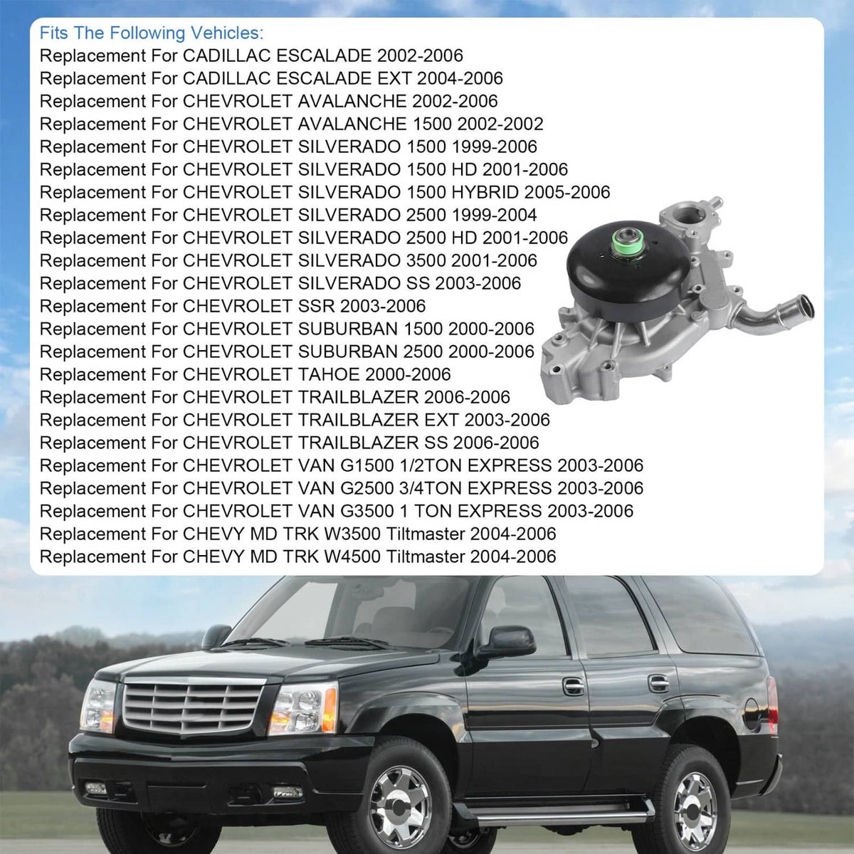 Solidspare Water Pump W/ Gasket Fits Chevrolet GMC Tahoe Yukon 4.8 5.3 6.0 L Vortec