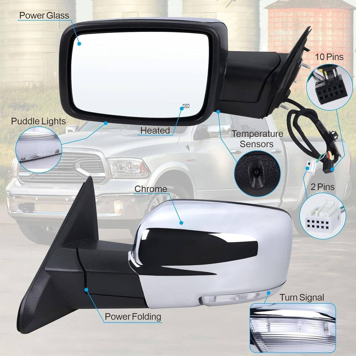 Solidspare Left Side Mirror For 2013-2019 Ram 1500 Chrome Power Fold+ Heated+Temper Sensor