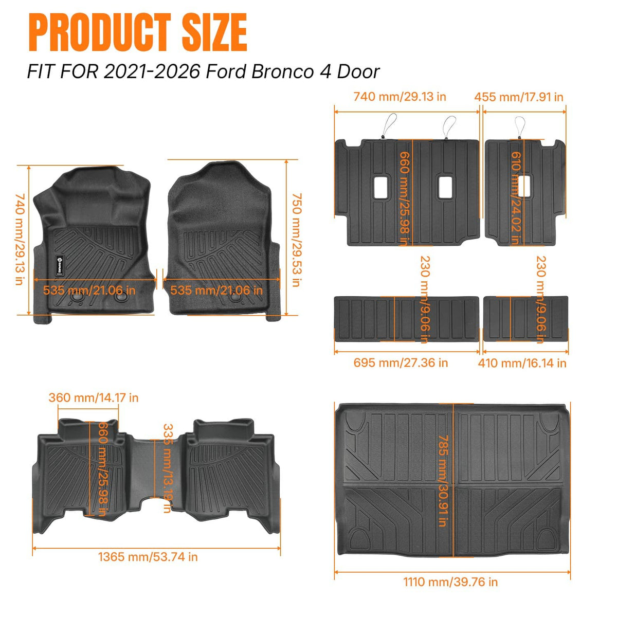 Solidspare For 21-26 Ford Bronco 4 Door Floor Mat Cargo Mat Trunk Liner Back Seat Full Set