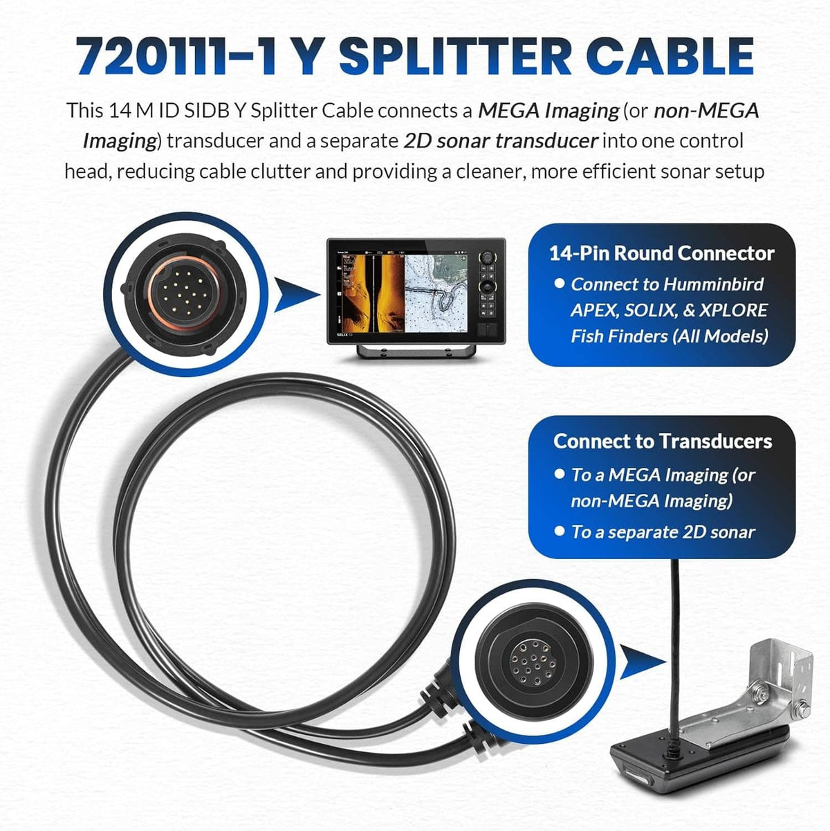 Solidspare 14 M ID SIDB Y Splitter Cable 720111-1 for Humminbird SOLIX/APEX/XPLORE 30-Inch