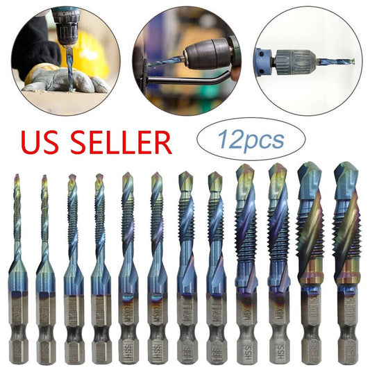 Solid Spare 12PCS M3-M10 1/4" Hex Shank Composite HSS Metric Screw Thread Tap Drill Bits Set