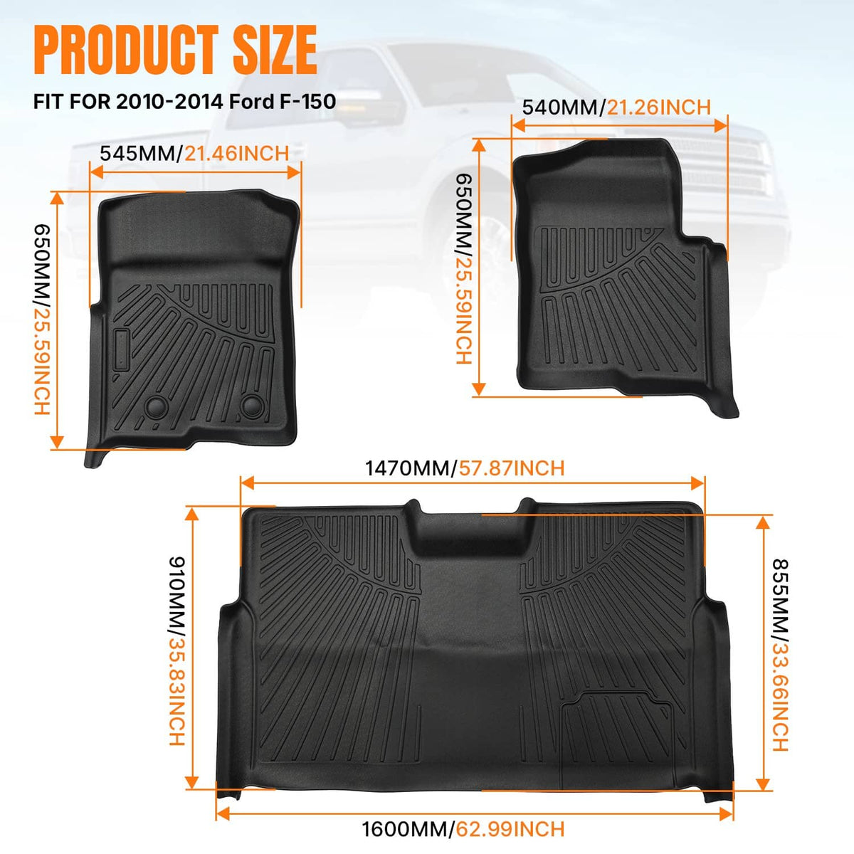 Solidspare Floor Mats Set fit for 2010-2014 Ford F-150 SuperCrew/Crew Cab with Bucket Seat