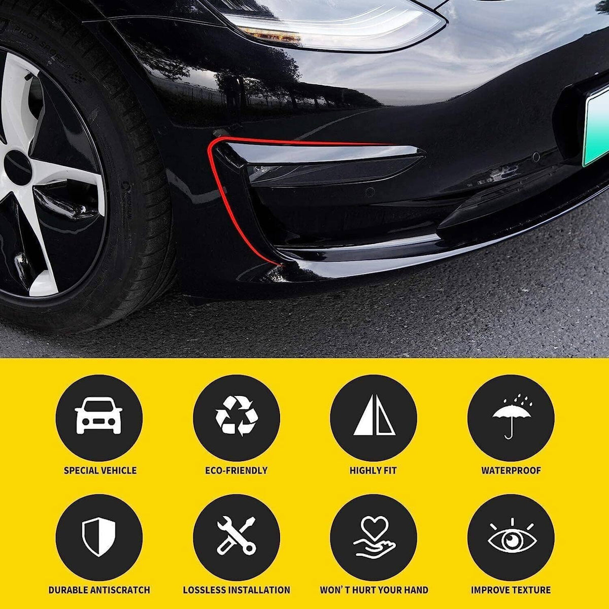 Solidspare Gloss Black Front Fog Light Eyebrow Cover Trim For Tesla Model 3 2017-2023 U8