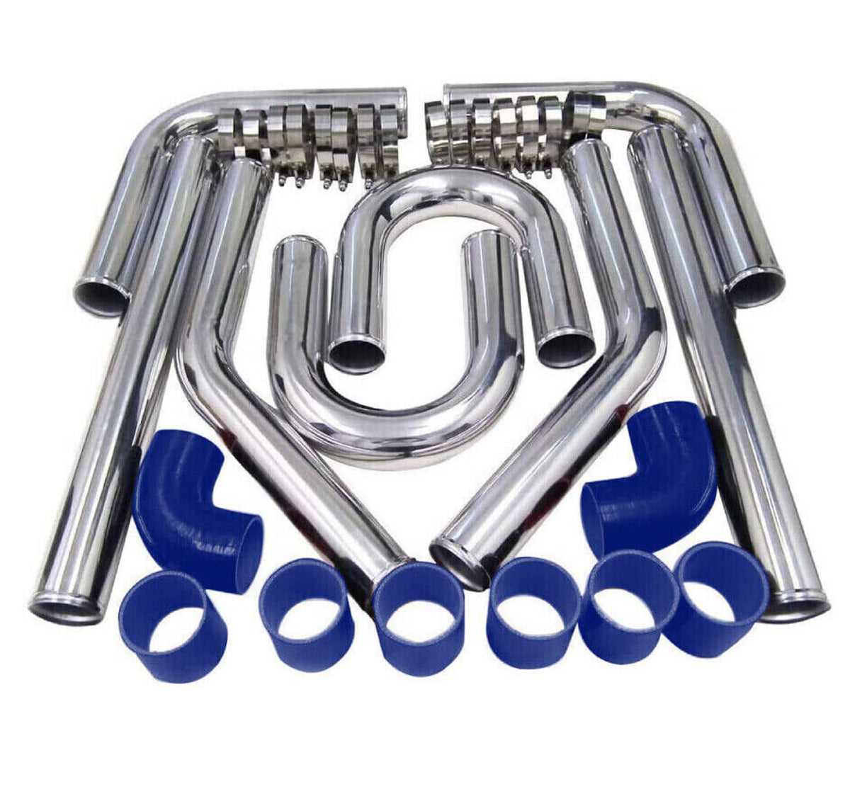 Solidspare 3" DIY Polished Intercooler Piping w/ U Pipe Blue Silicone Coupler + Clamp Kit