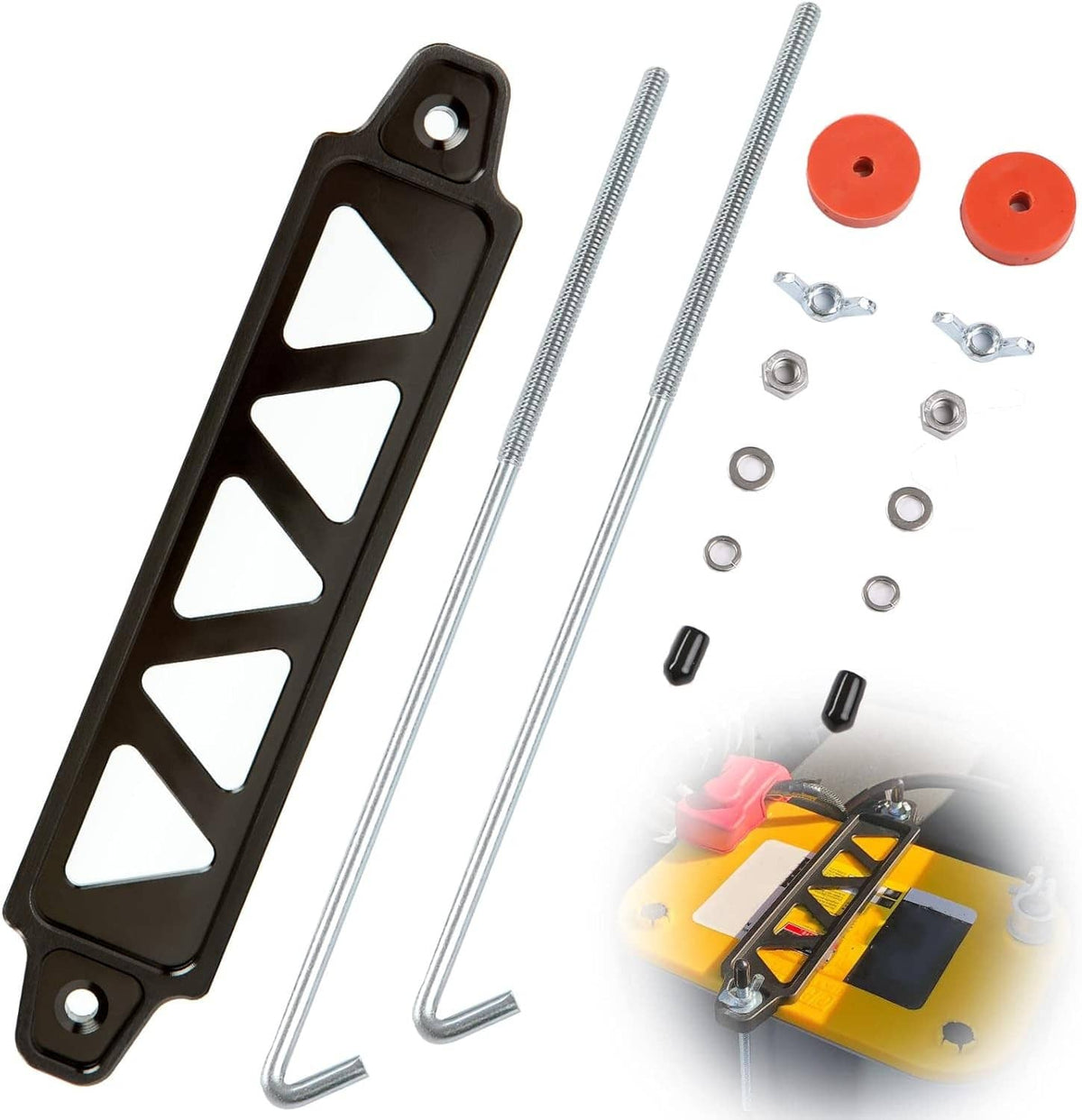 Solidspare Aluminum Black Car Battery Hold Tie Down Bracket Mount Kit + 10'' J-Hooks Bolts