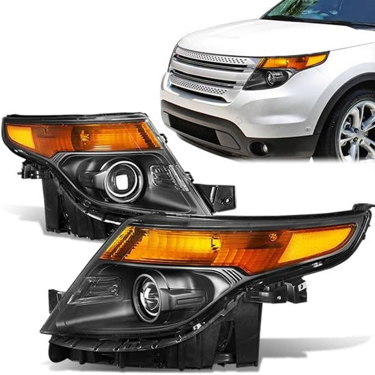 Solidspare For 2011-2015 Ford Explorer 11-15 Halogen Projector Headlights Chrome Clear Pair