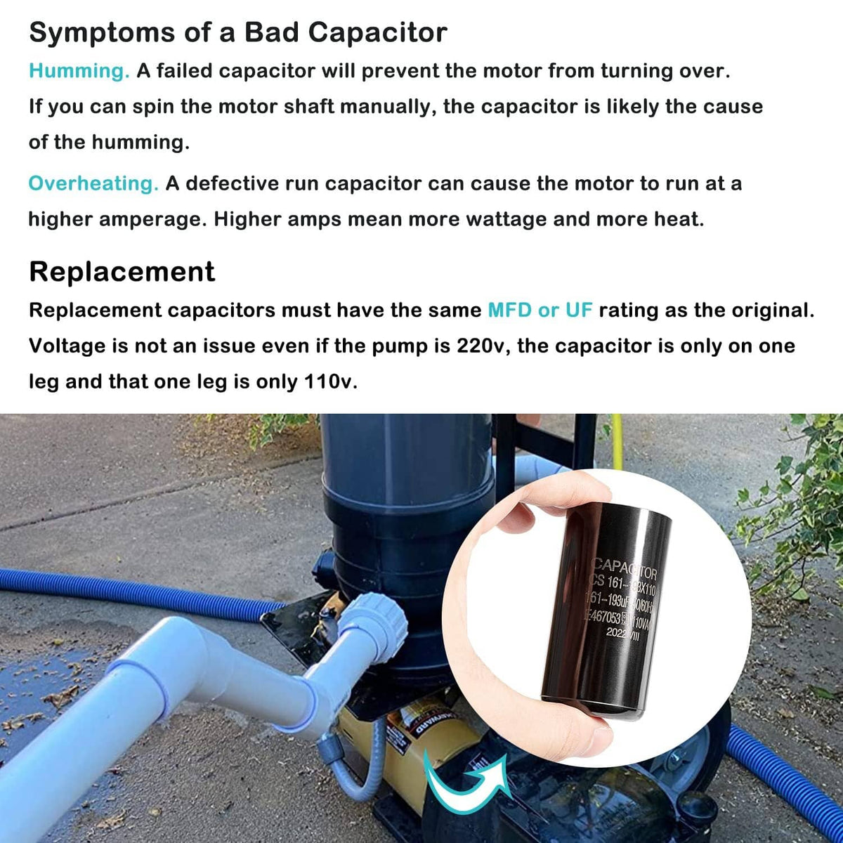 Solid Spare Pool Pump Start Capacitor 161-193 uf/MFD for Hayward Super Pump 0.75,1.0,1.5 HP
