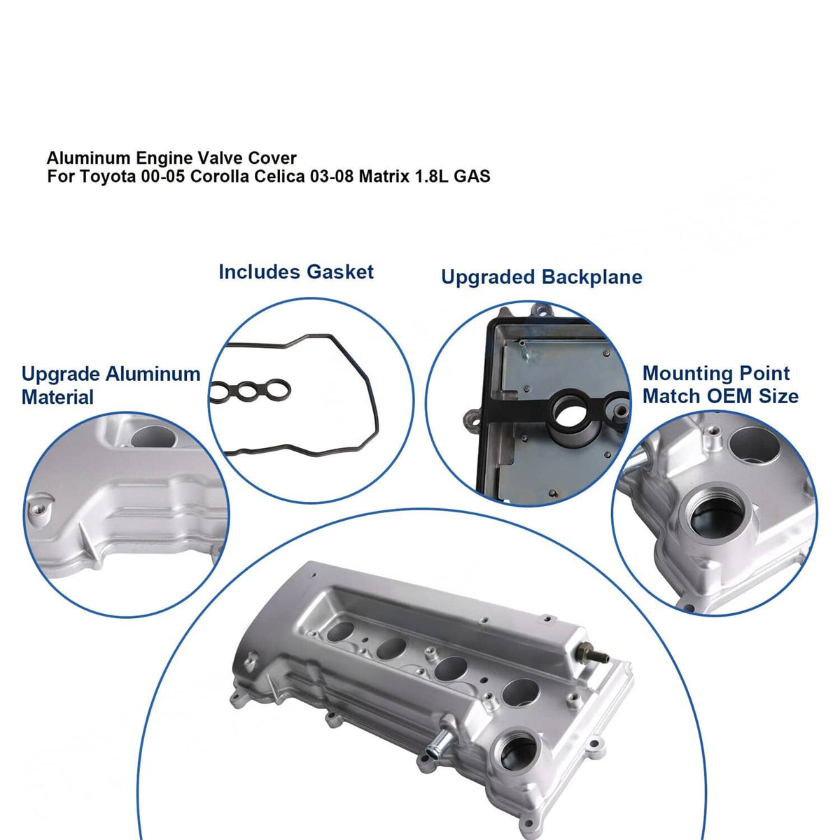 Solidspare Aluminum Valve Cover w/gasket for Toyota 00-05 Corolla Celica 03-08 Matrix 1.8L