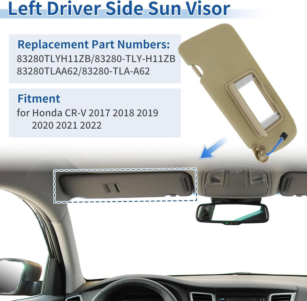 Solidspare Left Driver Side Sun Visor Beige w/Mirror & Light For 2017-2022 Honda CR-V CRV