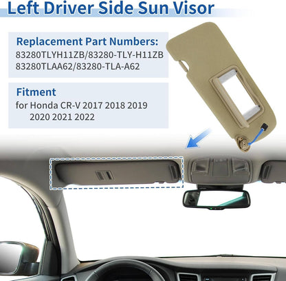 Solidspare Left Driver Side Sun Visor Beige w/Mirror & Light For 2017-2022 Honda CR-V CRV