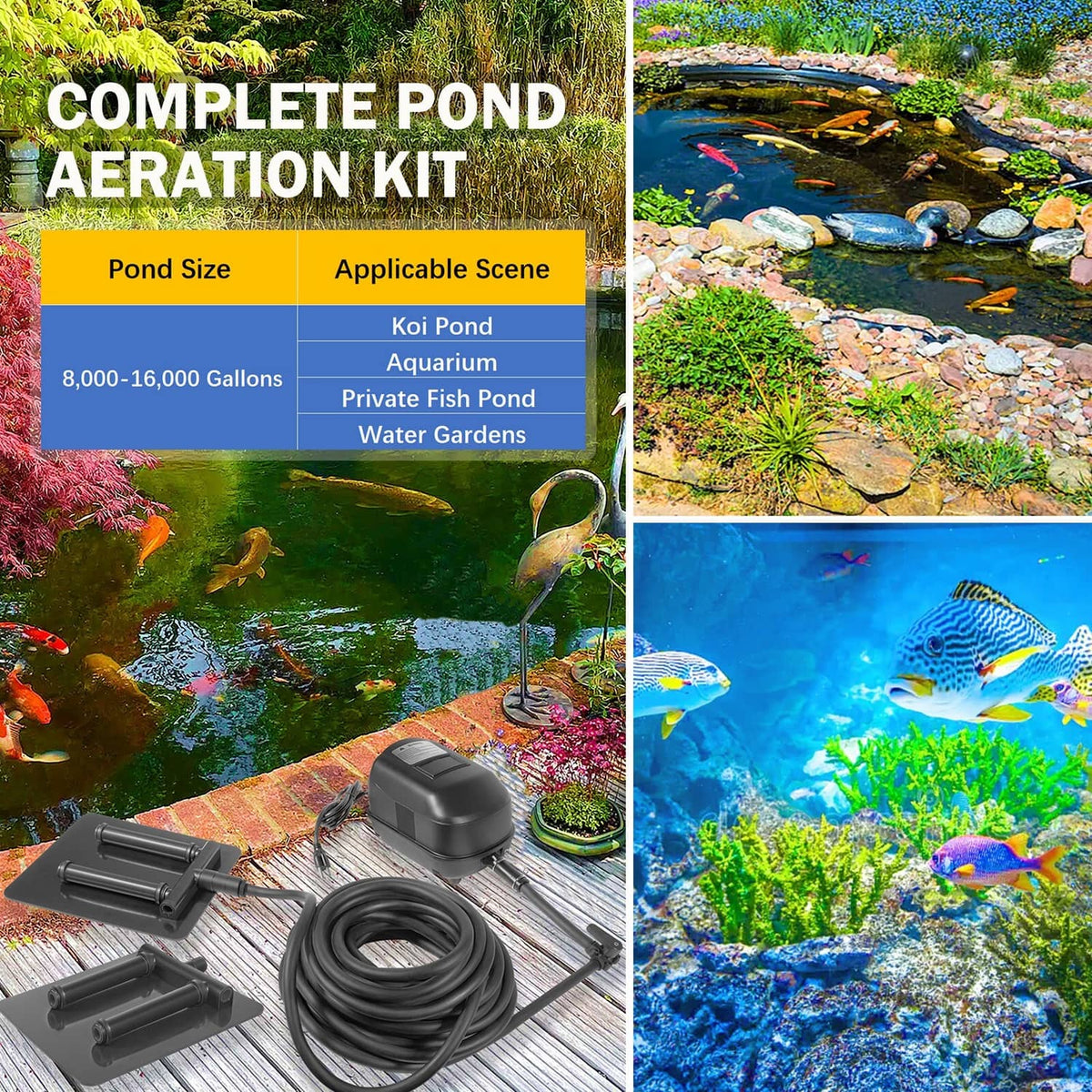 Solidspare Complete Pond Aeration Kit Fits Water Gardens & Koi Ponds 8,000-16,000 Gallons