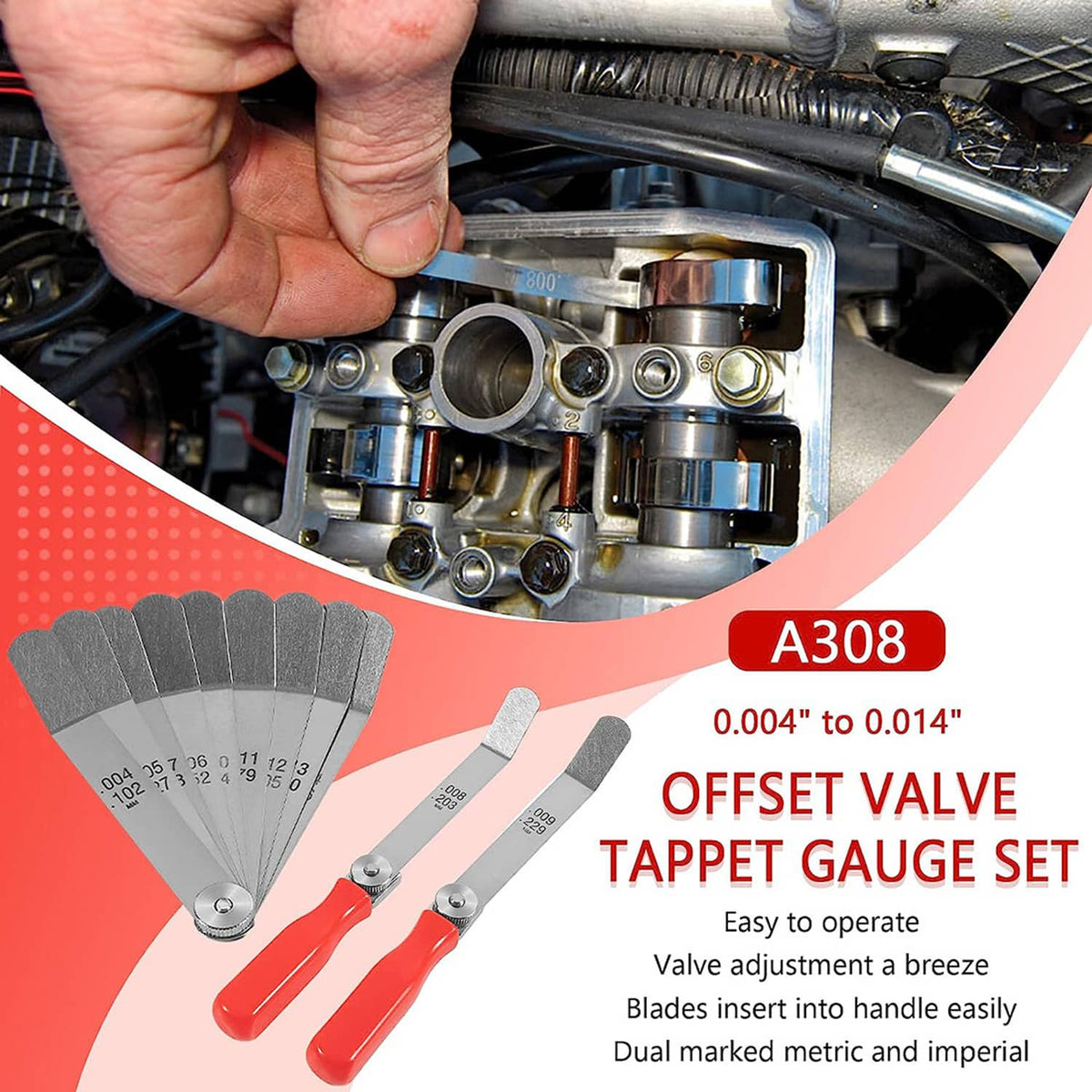 Solid Spare A308 Offset Valve Tappet Gauge 11-Blade Feeler Gauge Kit Sizes 0.004" to 0.014"