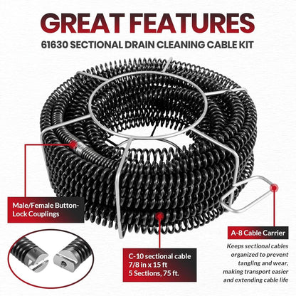 Solidspare 61630 Sectional Drain Cleaning Cable Kit, Replace for RIDGID A-62 7/8” Cable Kit
