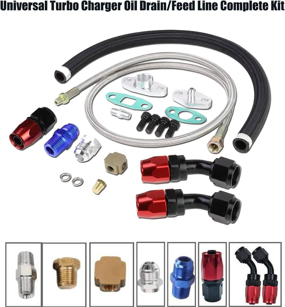 Solidspare Oil Feed Line+10AN Oil Drain Return Fitting Kit For Turbo T3 T4 T6 GT45 T04E T66