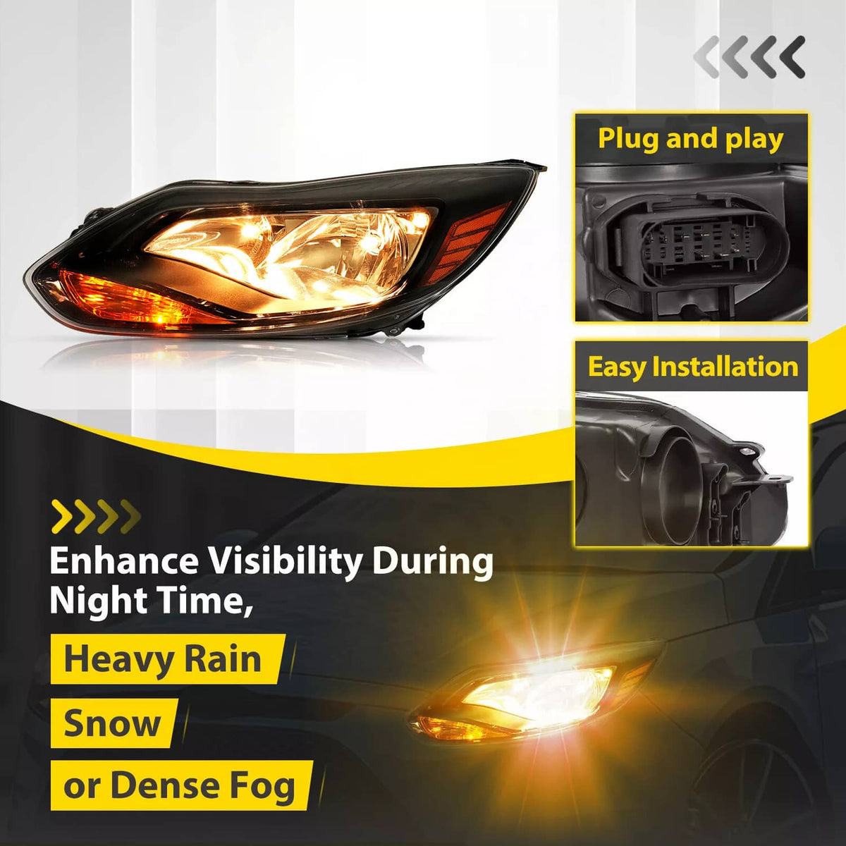 Solid Spare Black Left Driver Side Headlights Clear Lens Halogen Fits Ford Focus 2012-2014