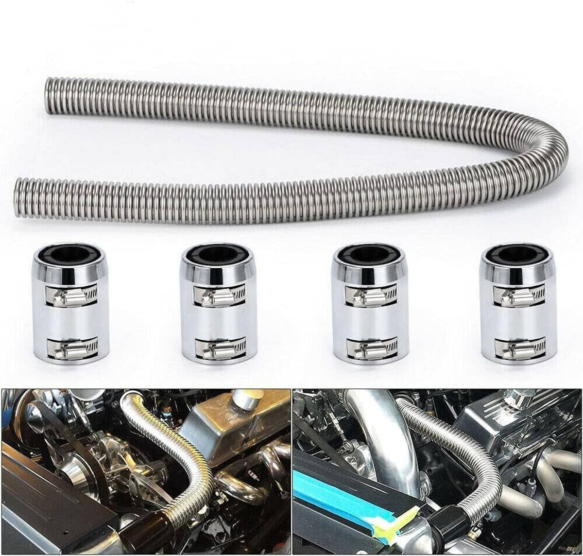 Solidspare Universal 48" Stainless Steel Radiator Flexible Coolant Water Hose W/ Caps Kit