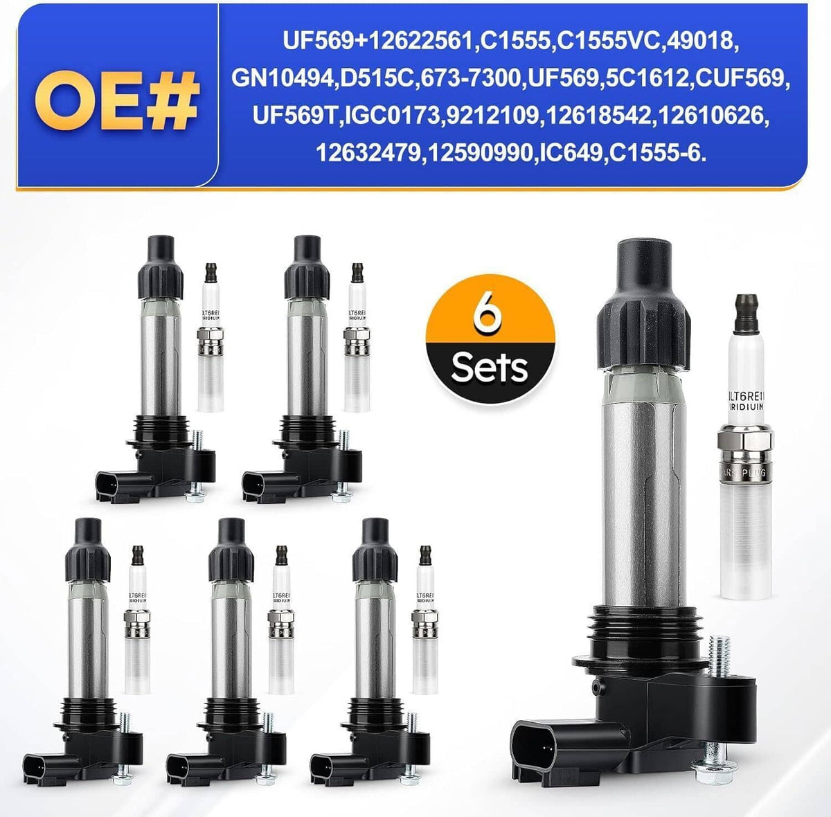 Solidspare 6Pcs Ignition Coil & Iridium Spark Plug Packs For Cadillac GMC Chevy Buick UF569