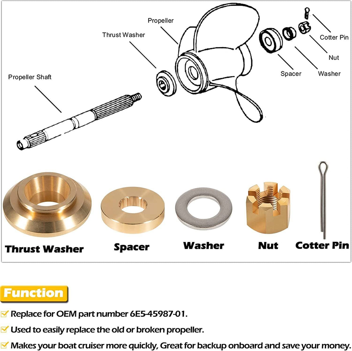 Solid Spare 150-300HP Propeller Hardware Kit Thrust Washer/Spacer/Nut for Yamaha Outboard