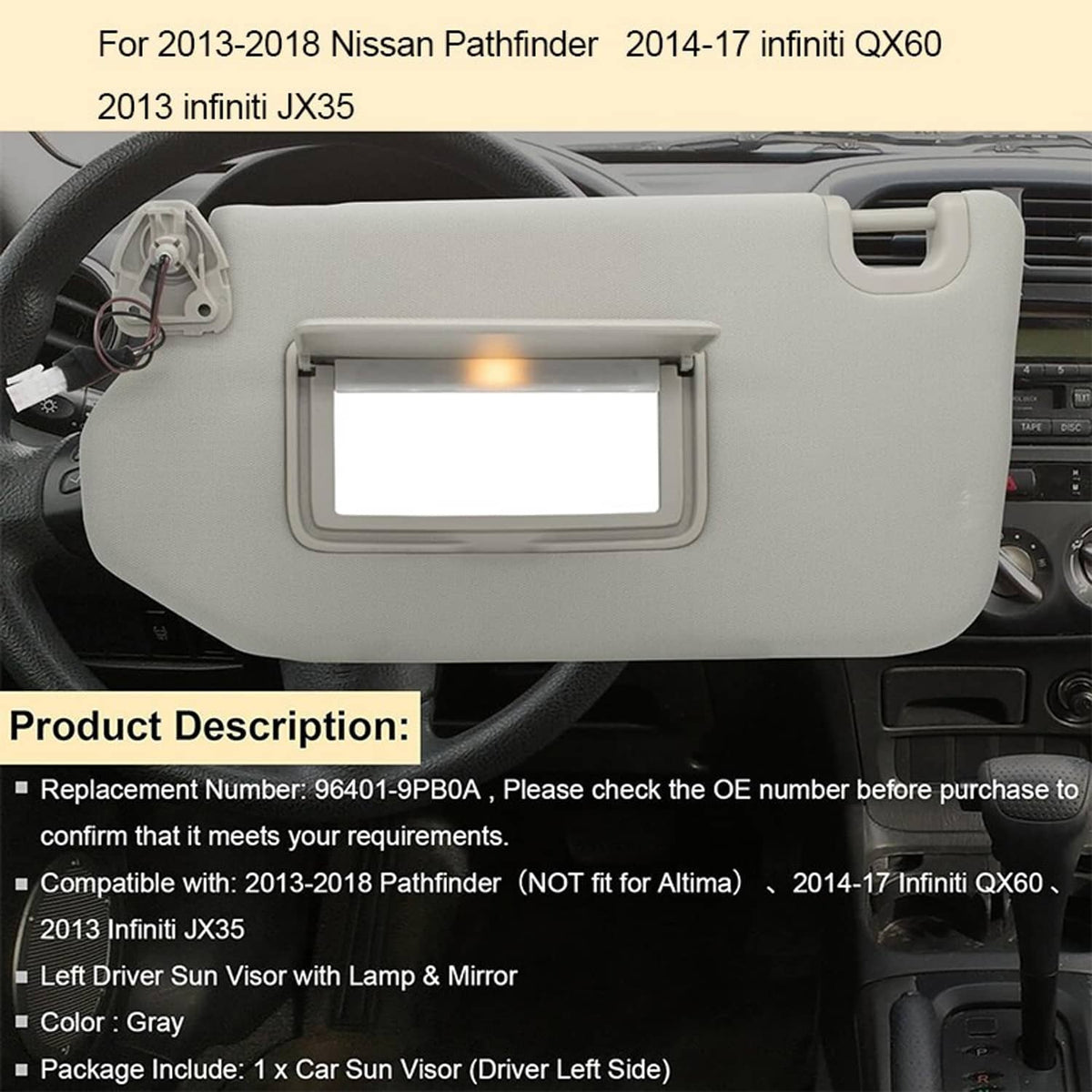 Solidspare Sun Visor With Lamp Left Driver Gray for 2013-2018 Nissan Pathfinder 96401-9PB0A