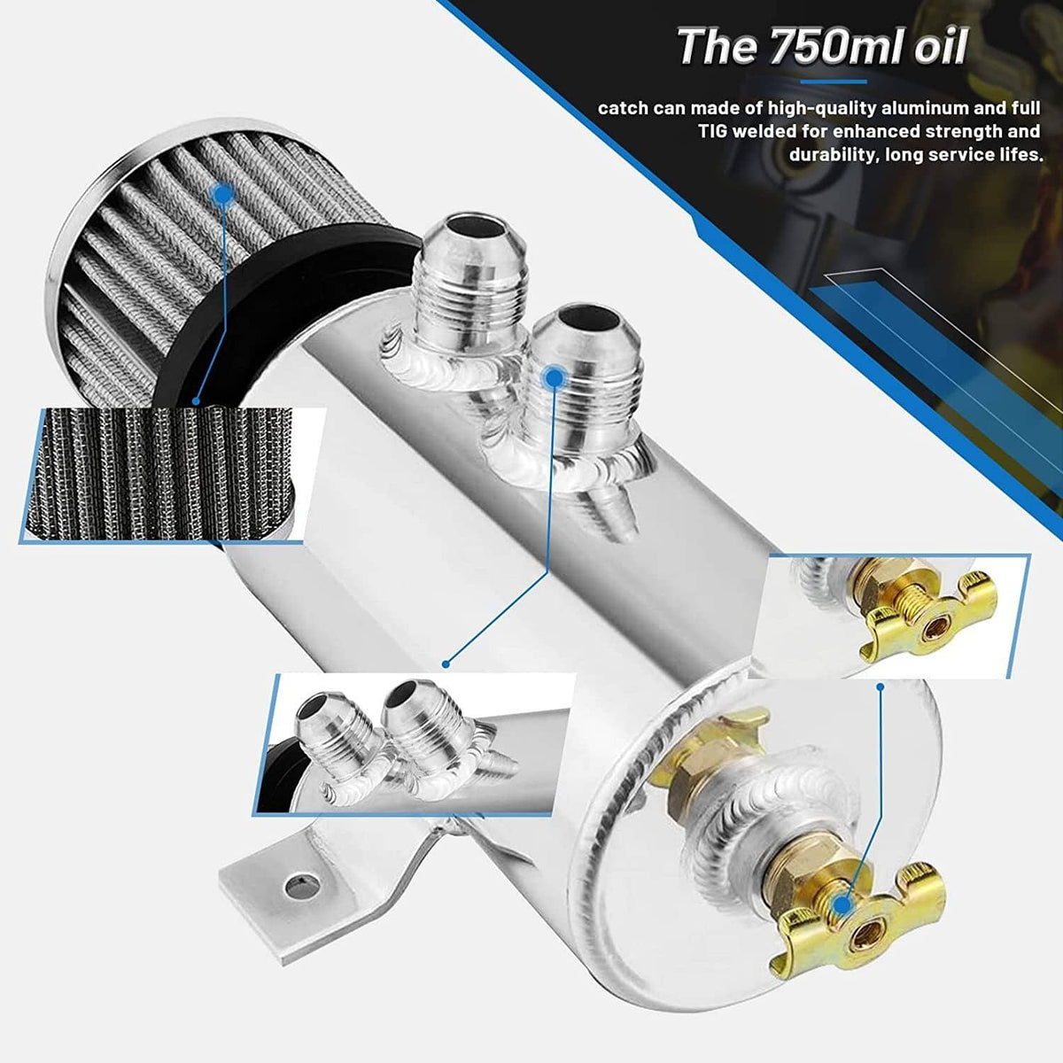 Solidspare 750ml 10AN Oil Catch Can Reservoir Tank & Breather Filter Baffled Kit Aluminum