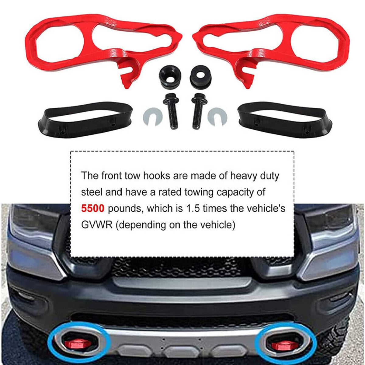 Solidspare Heavy Duty Front LH & RH Tow Hooks w/ Hardware For Dodge 2019 -2022 Ram 1500 DT
