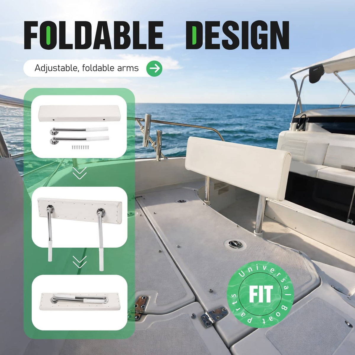 Solidspare For Universal Boat Seat Backrest W/Folding Arms Leaning Post White + Silvery