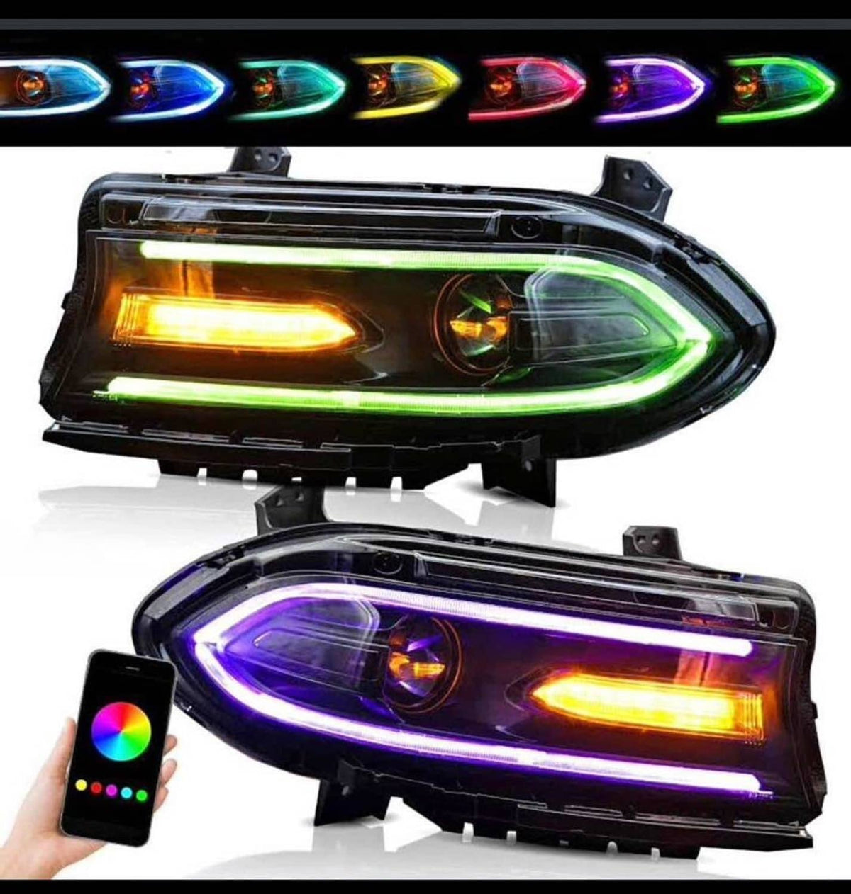 Solidspare Pair For 2015-2021 Dodge Charger LED Projector Headlights RGB Color Change Lamps