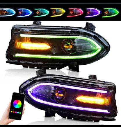 Solidspare Pair For 2015-2021 Dodge Charger LED Projector Headlights RGB Color Change Lamps