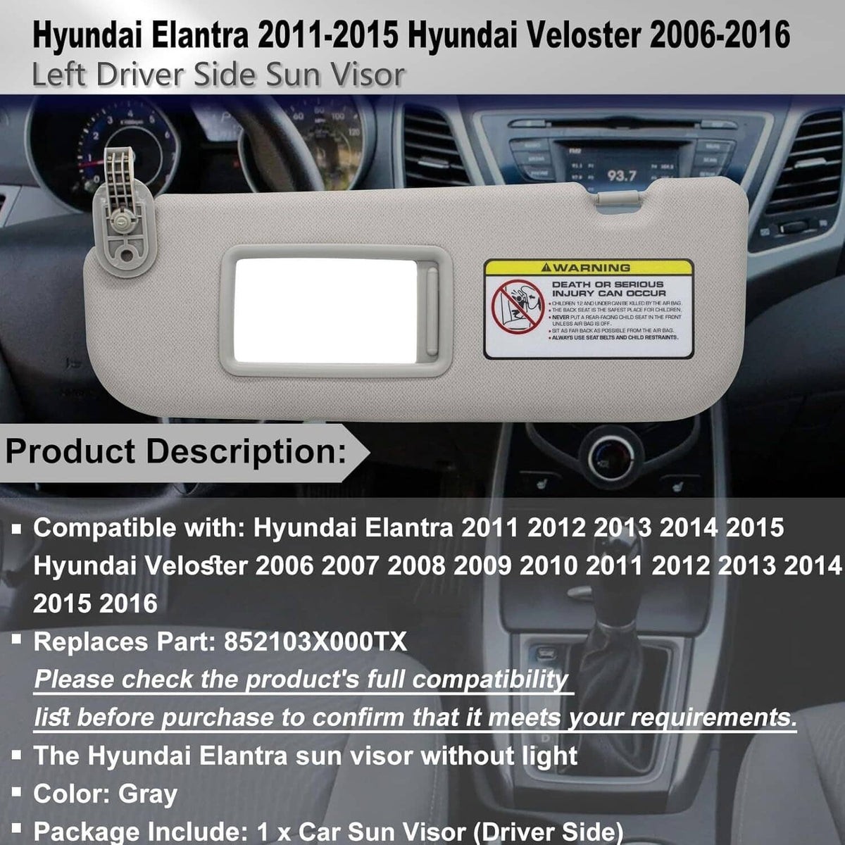 Solidspare Grey Sun Visor Makeup Mirror Left-Driver Side For 2011-2016 Hyundai Elantra MD