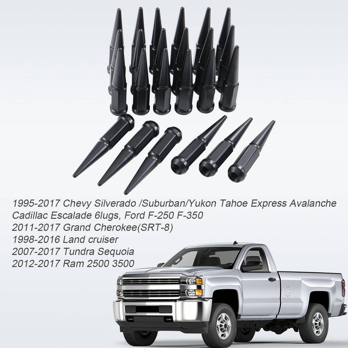 Solidspare 24PCS Spike Lug Nuts 14x1.5 Black For Chevy Silverado Tahoe 4.4" Tall with Key