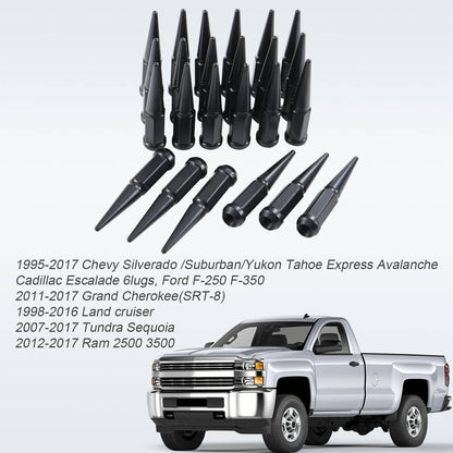 Solidspare 24PCS Spike Lug Nuts 14x1.5 Black For Chevy Silverado Tahoe 4.4" Tall with Key