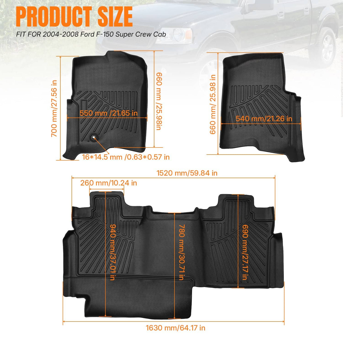 Solidspare Floor Mats Set For Ford F-150 F150 Super Crew Cab 2004-2008 Black TPE Liners