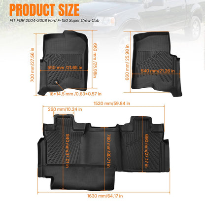 Solidspare Floor Mats Set For Ford F-150 F150 Super Crew Cab 2004-2008 Black TPE Liners