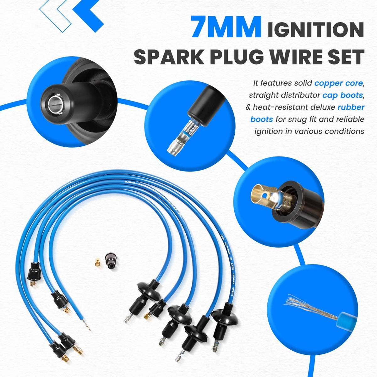 Solidspare 7mm Blue Ignition Spark Plug Wire Set 00-9407-0 Compatible with VW Type 1