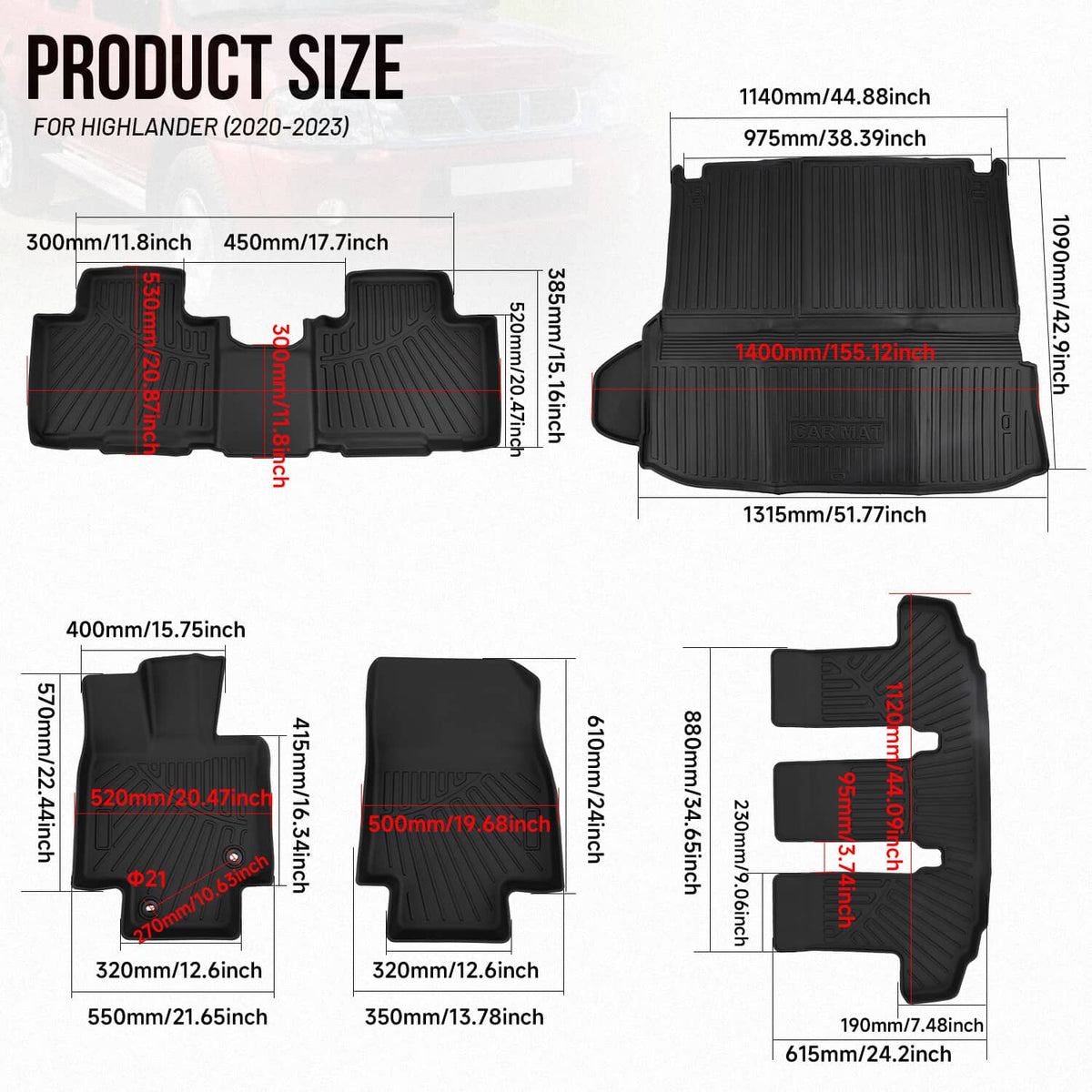 Solidspare For 2020-2025 Toyota Highlander 7 Seat All-Weather Floor Mats 3D Molded Carpets