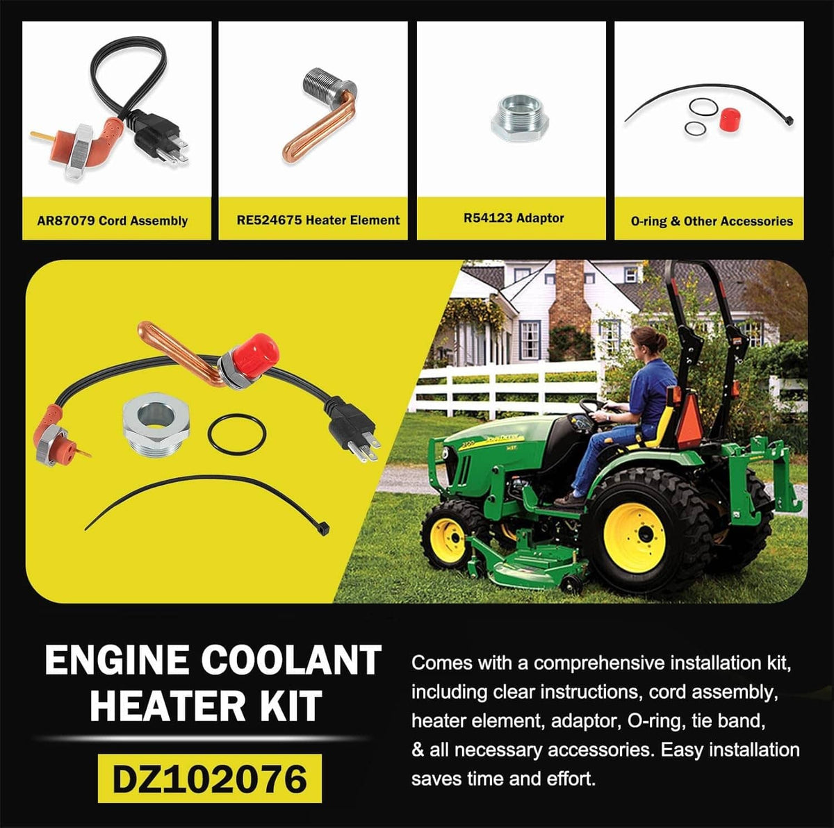 Solidspare DZ102076 Engine Coolant Heater Kit for John Deere Tractors, Engine Block Heater