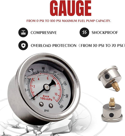 Solidspare New Adjustable Fuel Pressure Regulator Kit Oil 0-100psi Gauge -6AN Black & Red