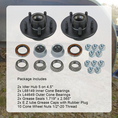 Solidspare 2PCS Trailer Idler Hub Kits 5 on 4.5 for 3500 lbs Axle - 22017K 1/2"-20 thread