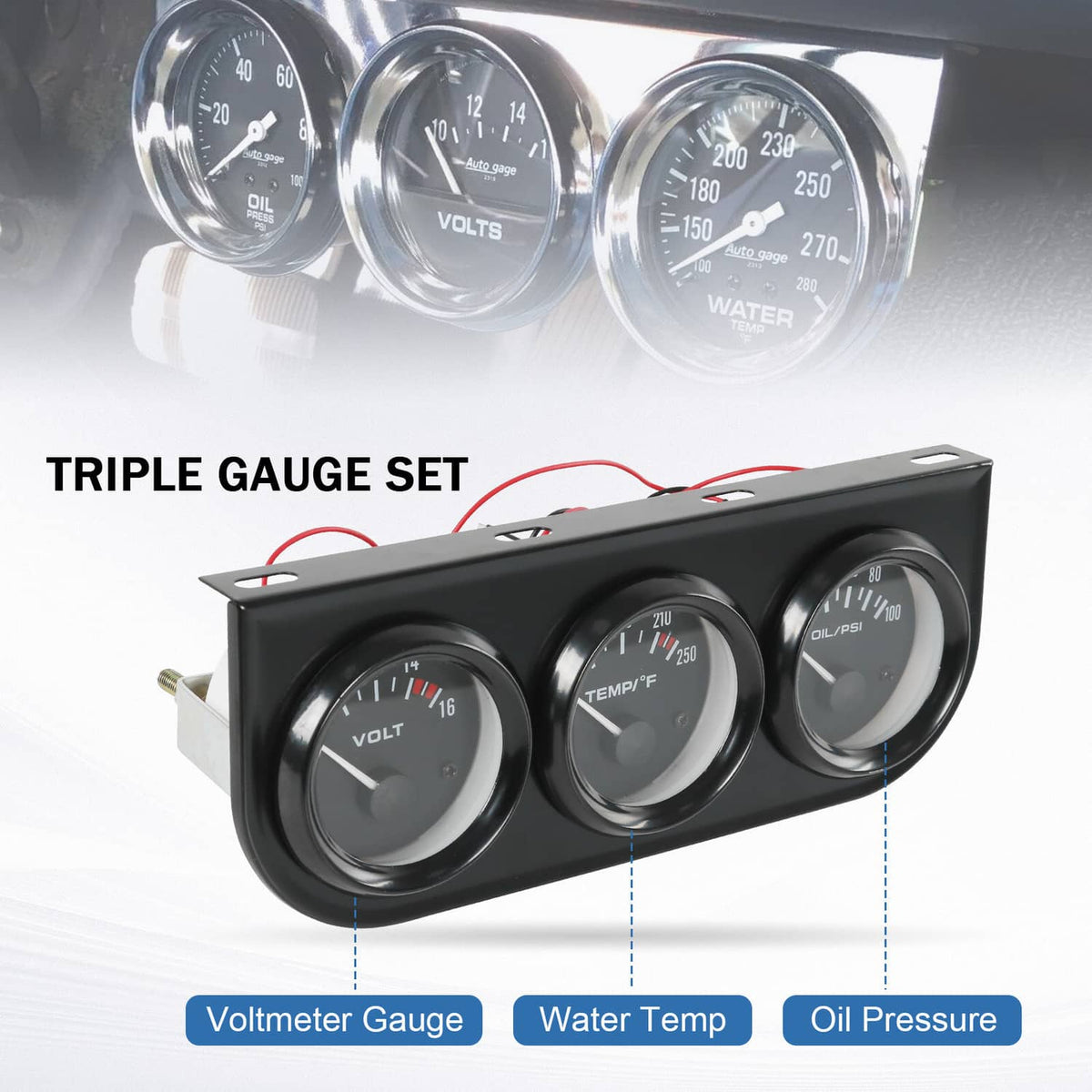 Solidspare 2" 3-in-1 Auto Car Triple Gauge Set Water Temp Oil Pressure Volt Meter Kit 52mm