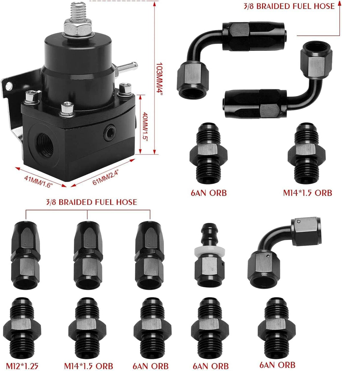 Solidspare Universal Adjustable Fuel Pressure Regulator Kit 100psi Guage AN6 Fitting Black