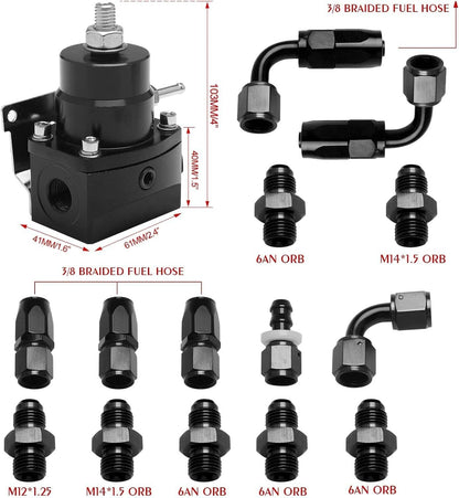 Solidspare Universal Adjustable Fuel Pressure Regulator Kit 100psi Guage AN6 Fitting Black
