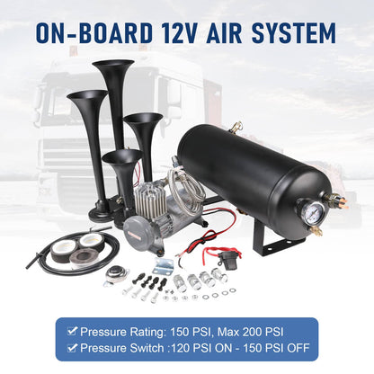 Solidspare Train Horn Kit 4 Trumpets Semi Loud System 1.5G Air Tank 150PSI FITS Truck Car