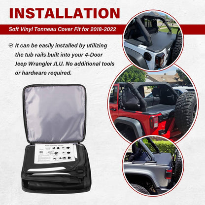 Solidspare Soft Vinyl Tonneau Cover 4-Door Rear Trunk Sunshade Fits Jeep Wrangler JLU 2018+