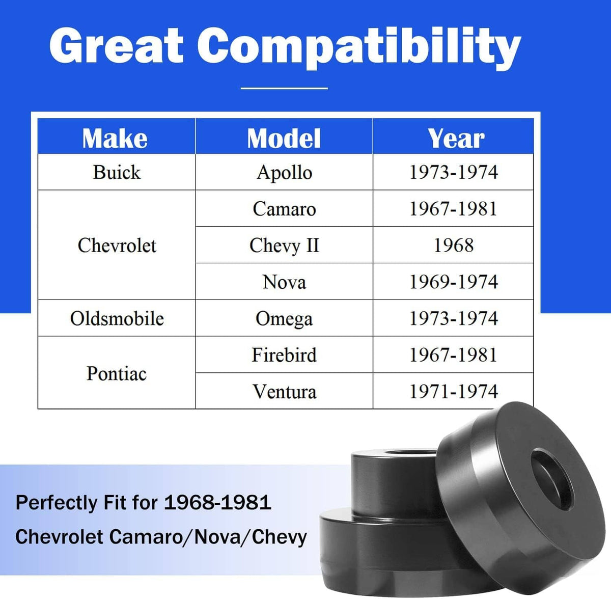 Solid Spare 134-10005 Billet Aluminum Body Mount Bushings for 1968-1981 Camaro Nova Chevy II