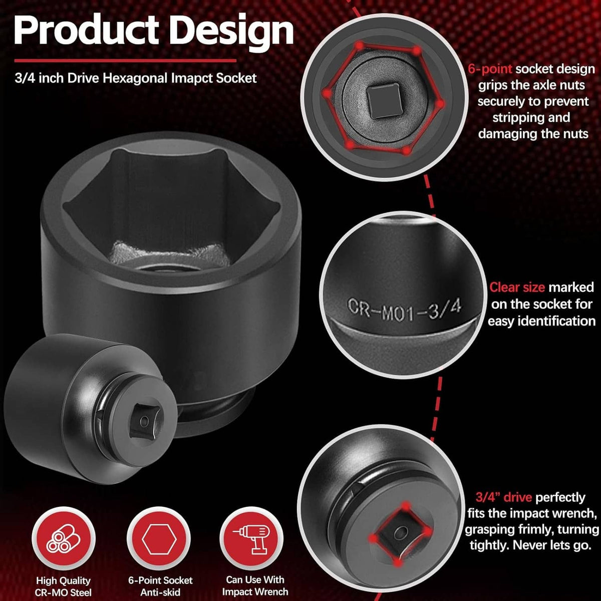 Solid Spare 3/4" Drive Deep Impact Socket Set 27Pcs SAE 7/8"-2" Metric 22-50 MM Standard Kit